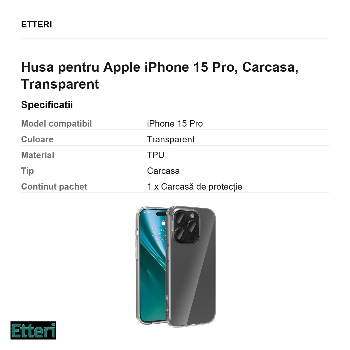 Husa Etteri Clear pentru Apple iPhone 15 Pro, Carcasa, Transparent [3]