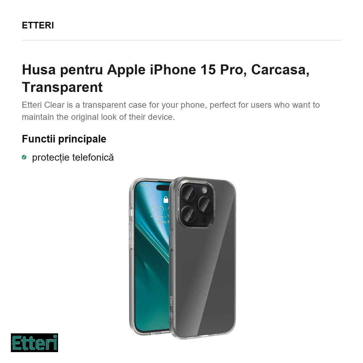 Husa Etteri Clear pentru Apple iPhone 15 Pro, Carcasa, Transparent [2]