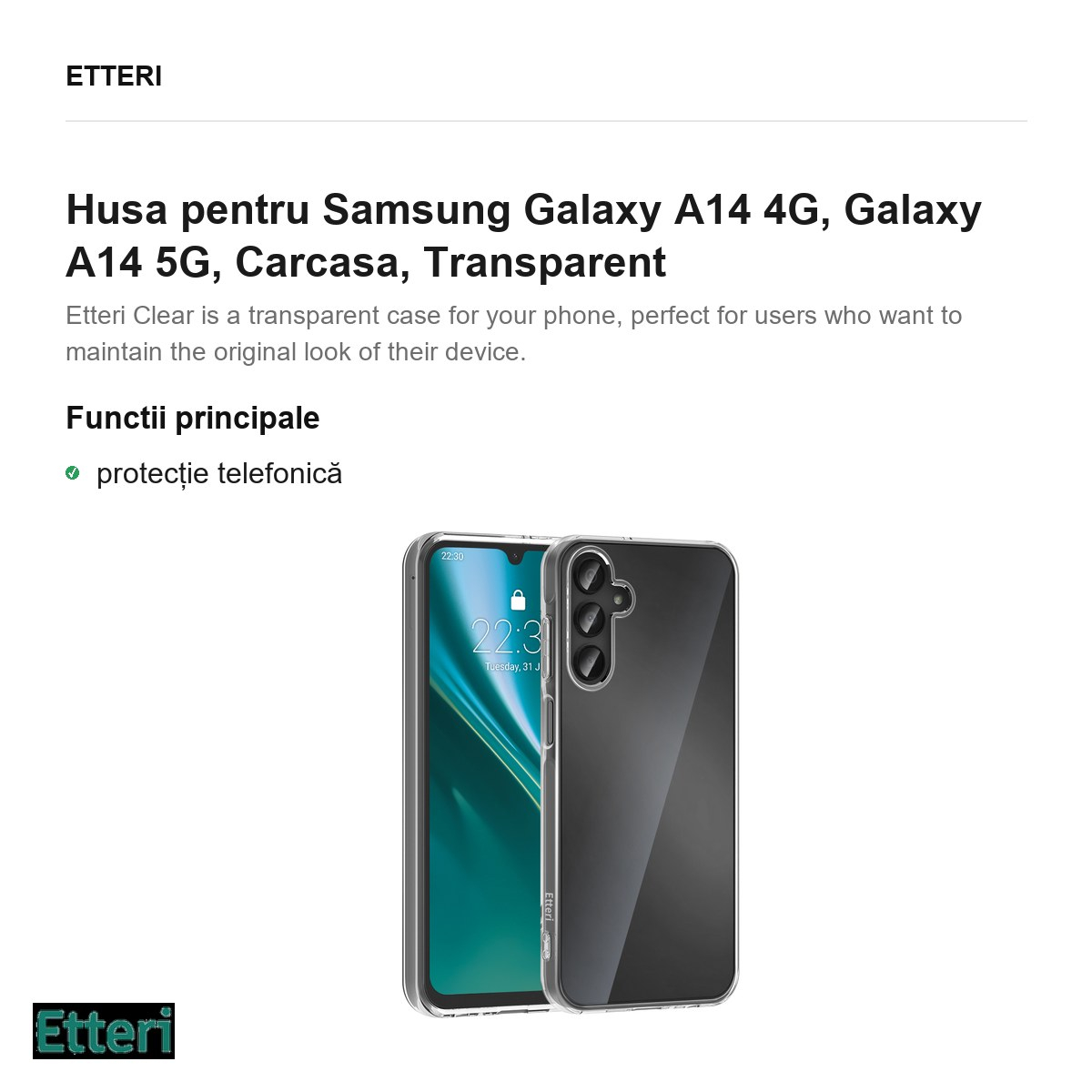 Husa Etteri Clear pentru Samsung Galaxy A14 4G, Galaxy A14 5G, Carcasa, Transparent [2]