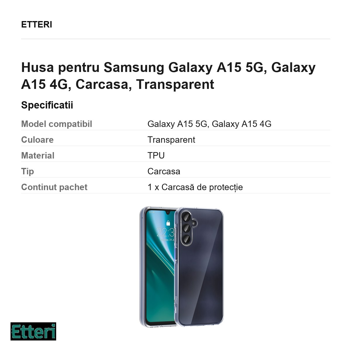 Husa Etteri Clear pentru Samsung Galaxy A15 5G, Galaxy A15 4G, Carcasa, Transparent [3]