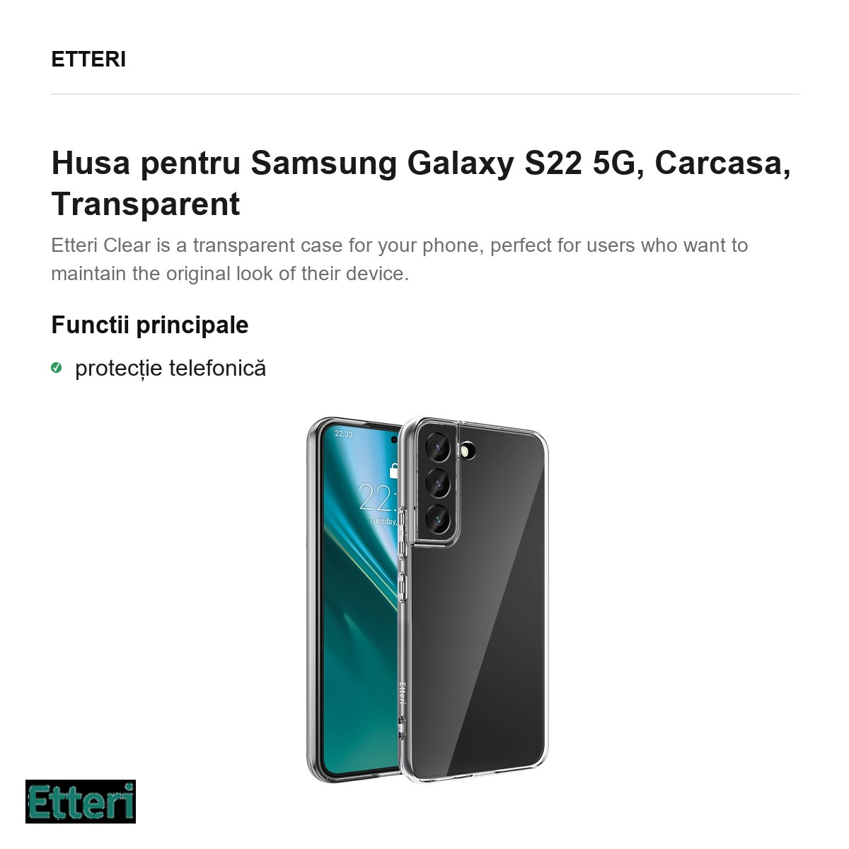 Husa Etteri Clear pentru Samsung Galaxy S22 5G, Carcasa, Transparent [2]