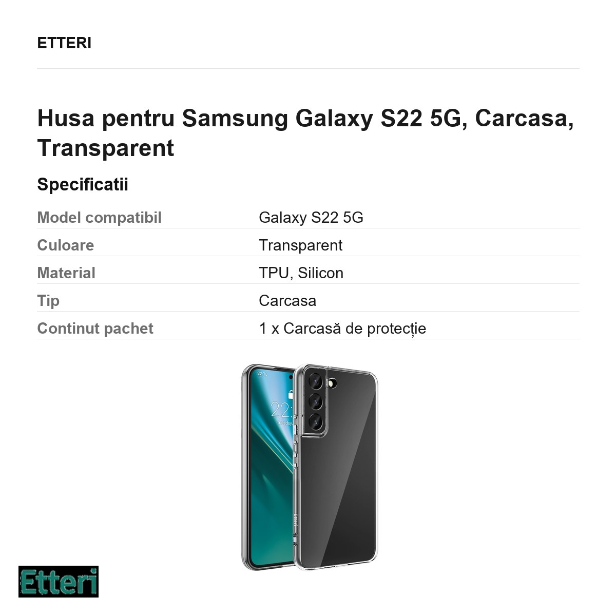 Husa Etteri Clear pentru Samsung Galaxy S22 5G, Carcasa, Transparent [3]