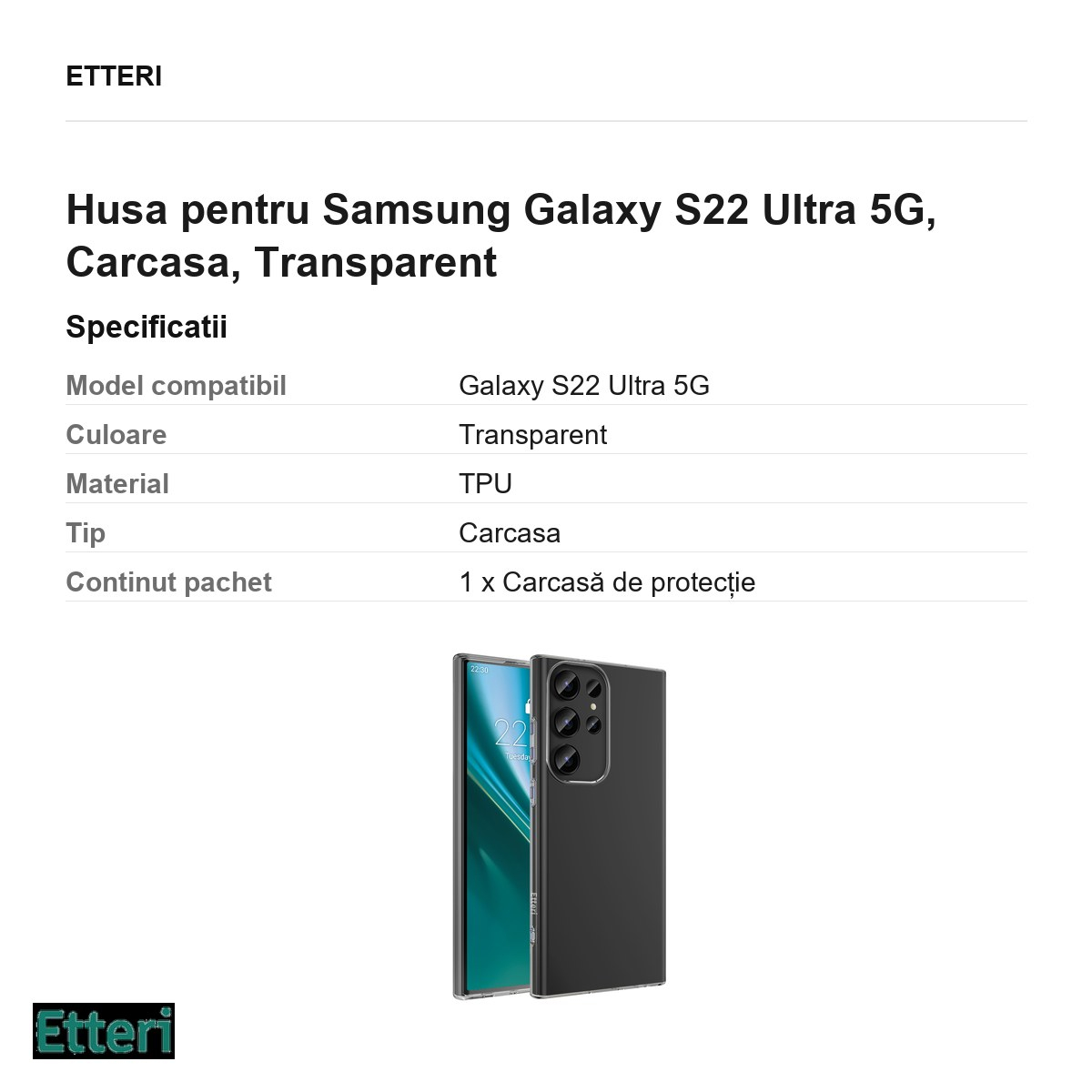 Husa Etteri Clear pentru Samsung Galaxy S22 Ultra 5G, Carcasa, Transparent [3]