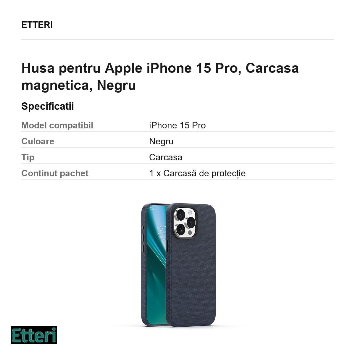 Husa Etteri Elegant Mag pentru Apple iPhone 15 Pro, Carcasa magnetica, Negru [6]