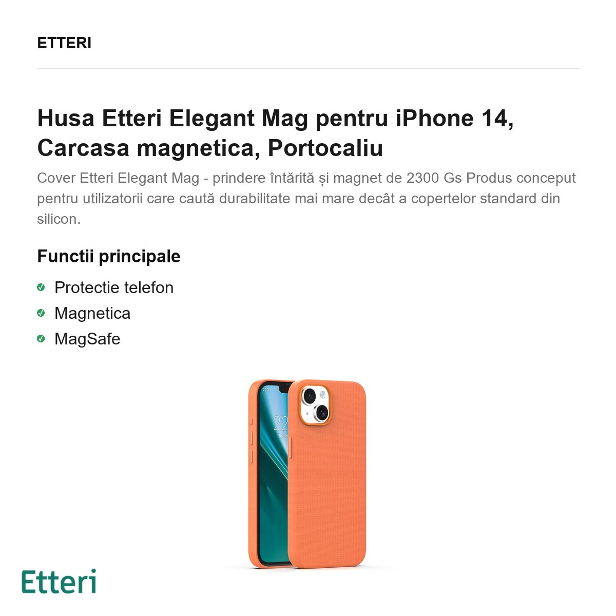 Husa Etteri Elegant Mag pentru iPhone 14, Carcasa magnetica, Portocaliu [2]