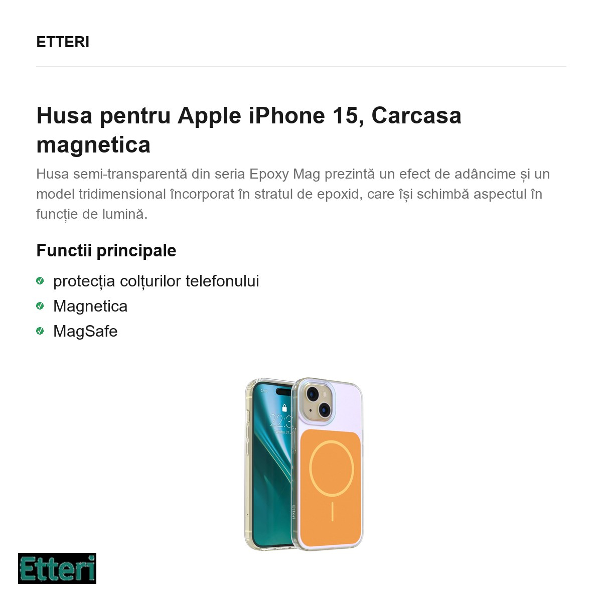 Husa Etteri Hidden Pearl pentru Apple iPhone 15, Carcasa magnetica, Portocaliu [3]