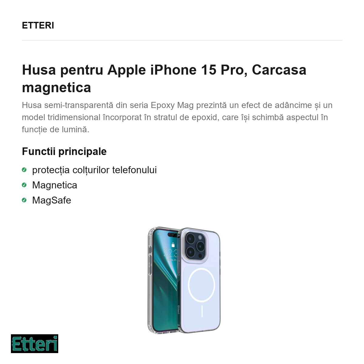 Husa Etteri Hidden Pearl pentru Apple iPhone 15 Pro, Carcasa magnetica, Albastru deschis [4]