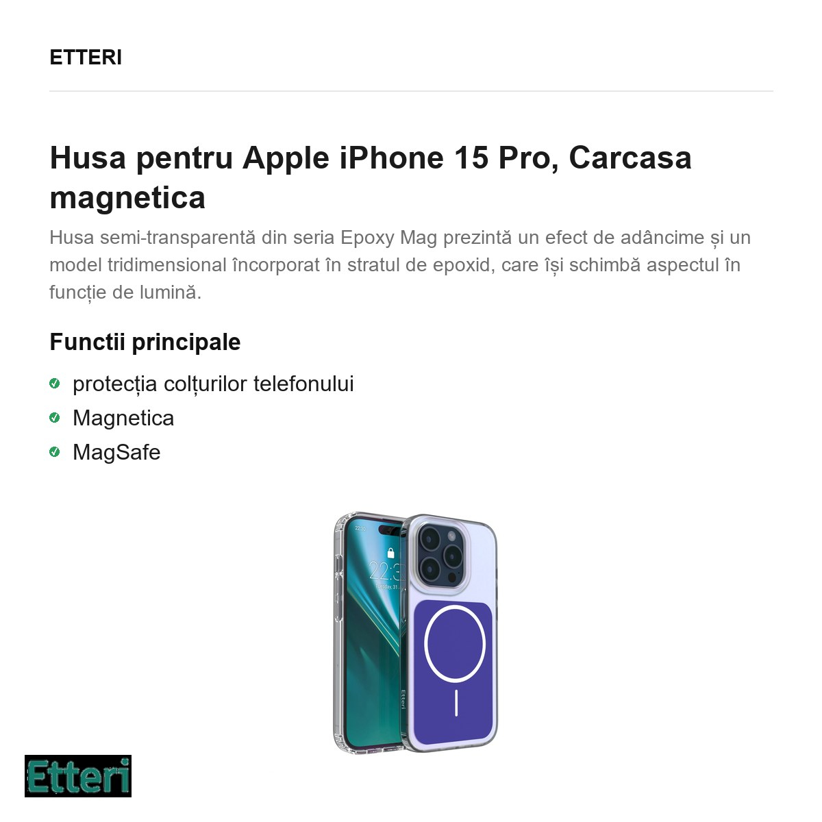 Husa Etteri Hidden Pearl pentru Apple iPhone 15 Pro, Carcasa magnetica, Albastru inchis [4]