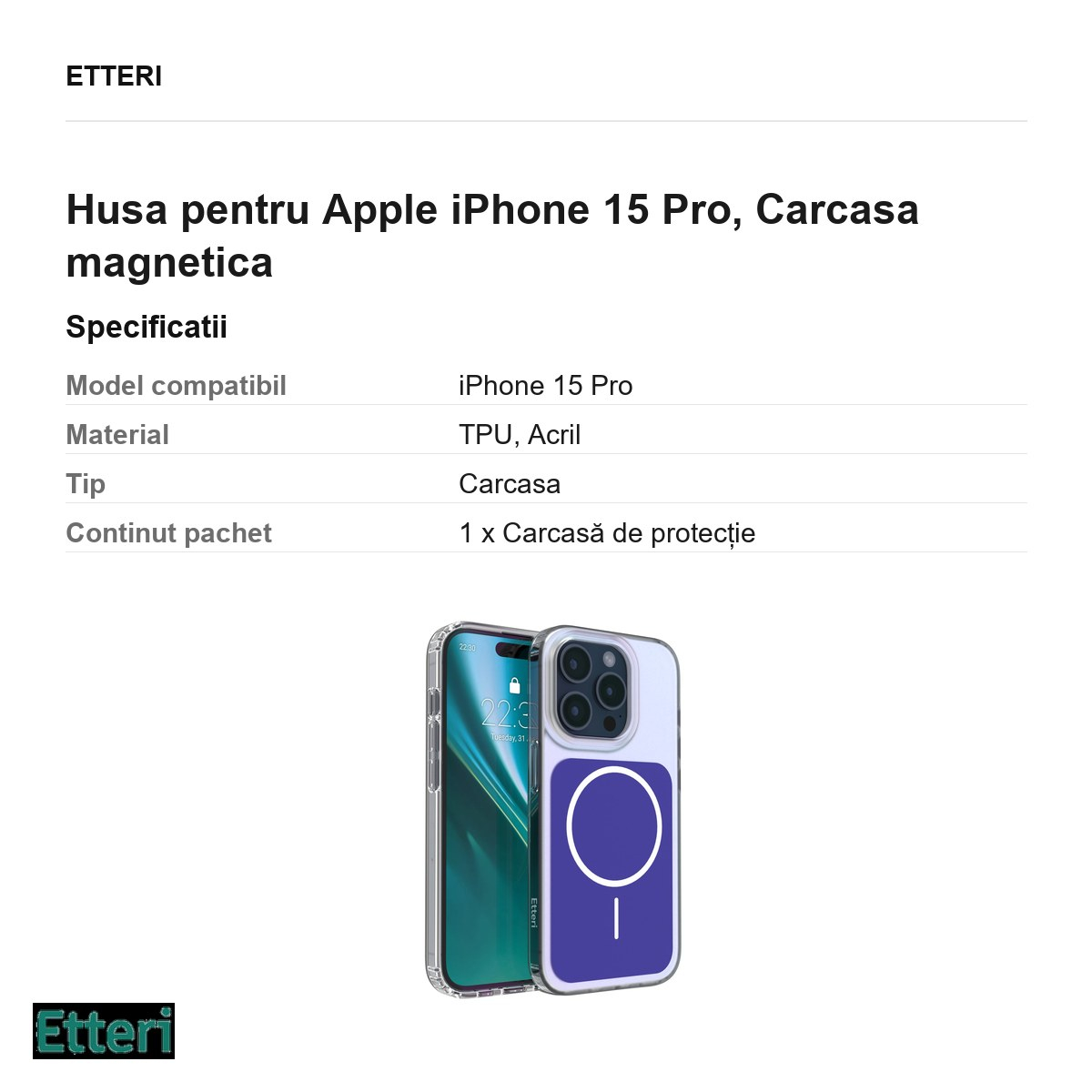 Husa Etteri Hidden Pearl pentru Apple iPhone 15 Pro, Carcasa magnetica, Albastru inchis [5]