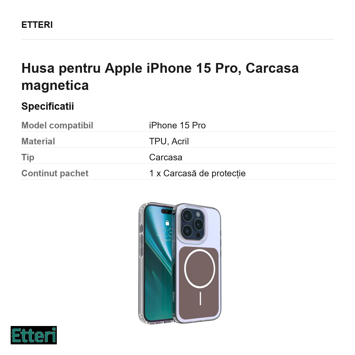 Husa Etteri Hidden Pearl pentru Apple iPhone 15 Pro, Carcasa magnetica, Maro [5]