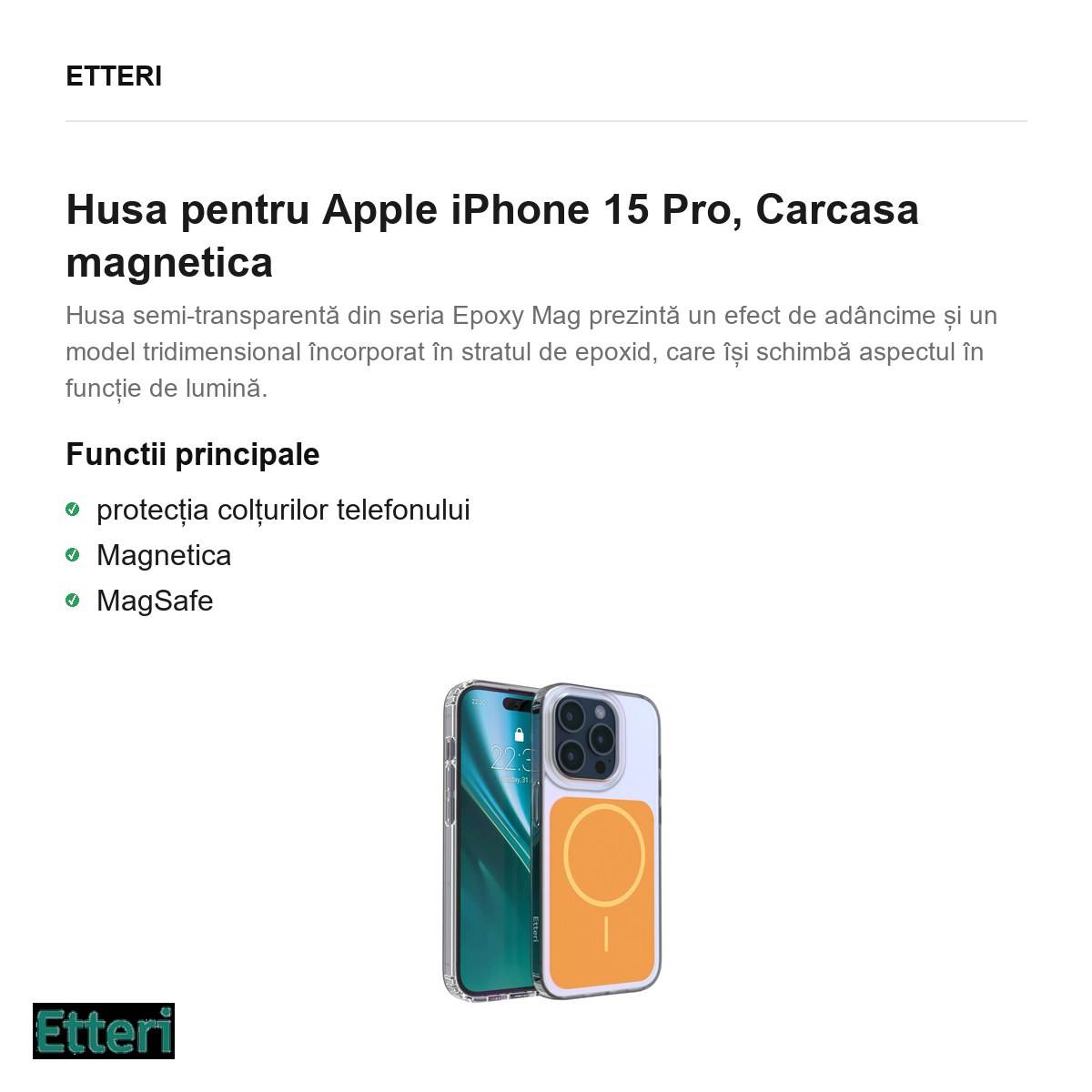 Husa Etteri Hidden Pearl pentru Apple iPhone 15 Pro, Carcasa magnetica, Portocaliu [3]