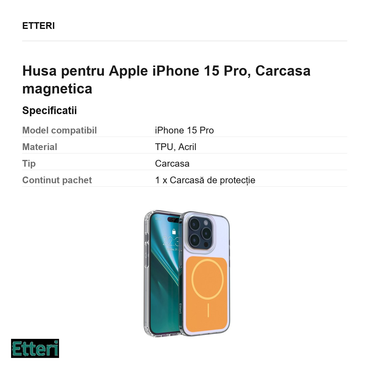 Husa Etteri Hidden Pearl pentru Apple iPhone 15 Pro, Carcasa magnetica, Portocaliu [5]