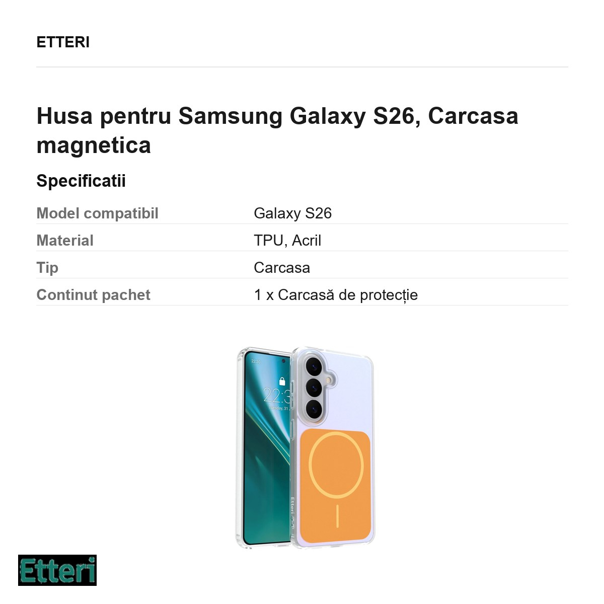 Husa Etteri Hidden Pearl pentru Samsung Galaxy S26, Carcasa magnetica, Portocaliu [3]