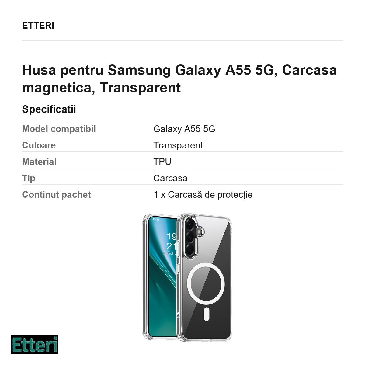 Husa Etteri Hybrid Mag pentru Samsung Galaxy A55 5G, Carcasa magnetica, Transparent [3]