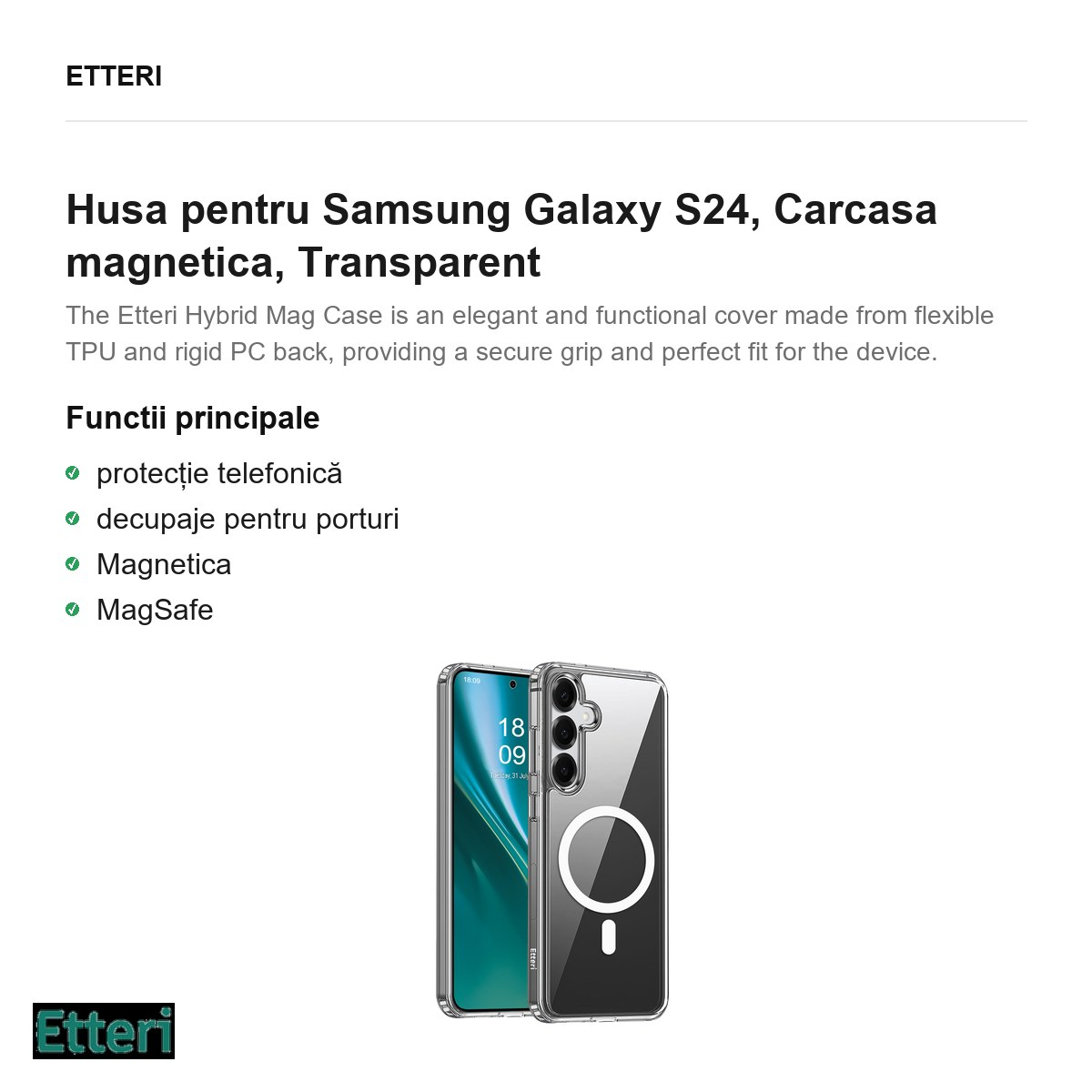 Husa Etteri Hybrid Mag pentru Samsung Galaxy S24, Carcasa magnetica, Transparent [2]