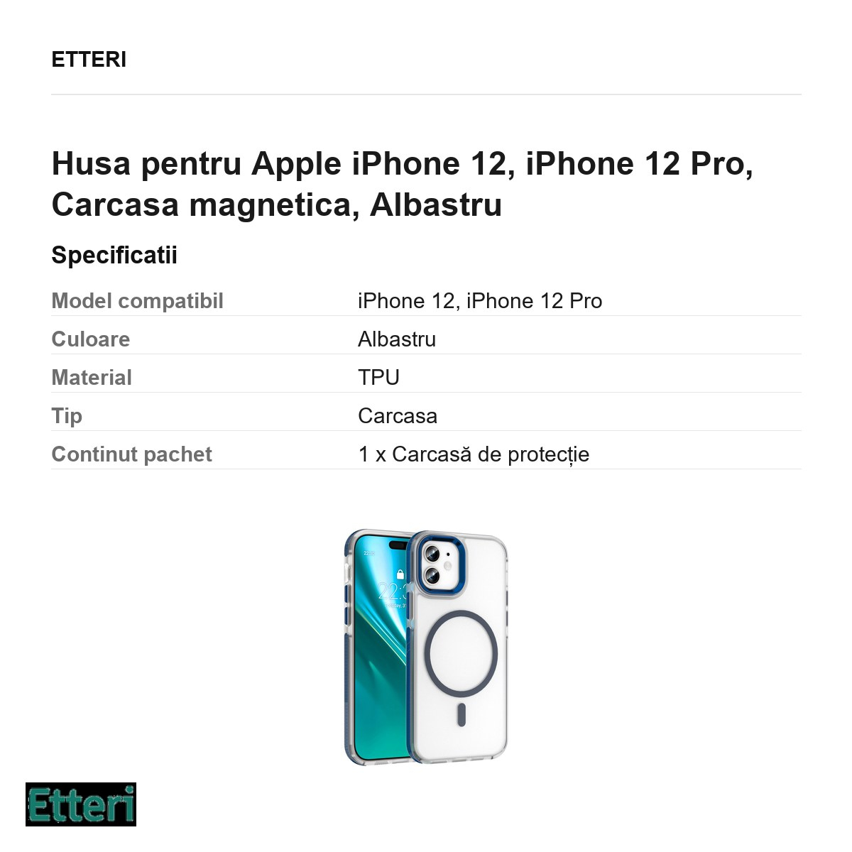 Husa Etteri Icy Mag pentru Apple iPhone 12, iPhone 12 Pro, Carcasa magnetica, Albastru [3]