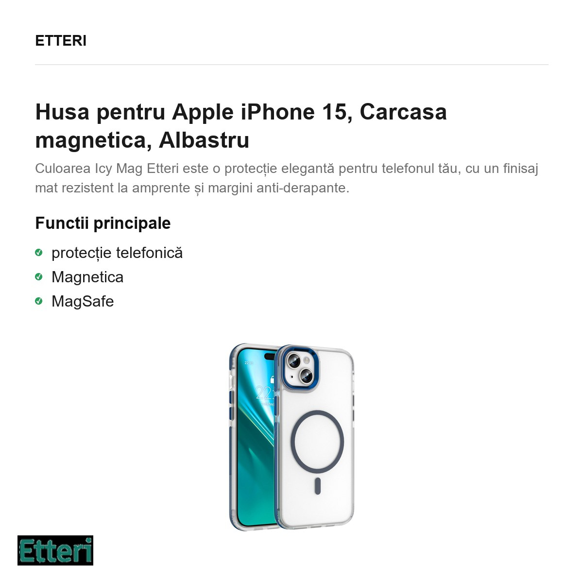 Husa Etteri Icy Mag pentru Apple iPhone 15, Carcasa magnetica, Albastru [2]