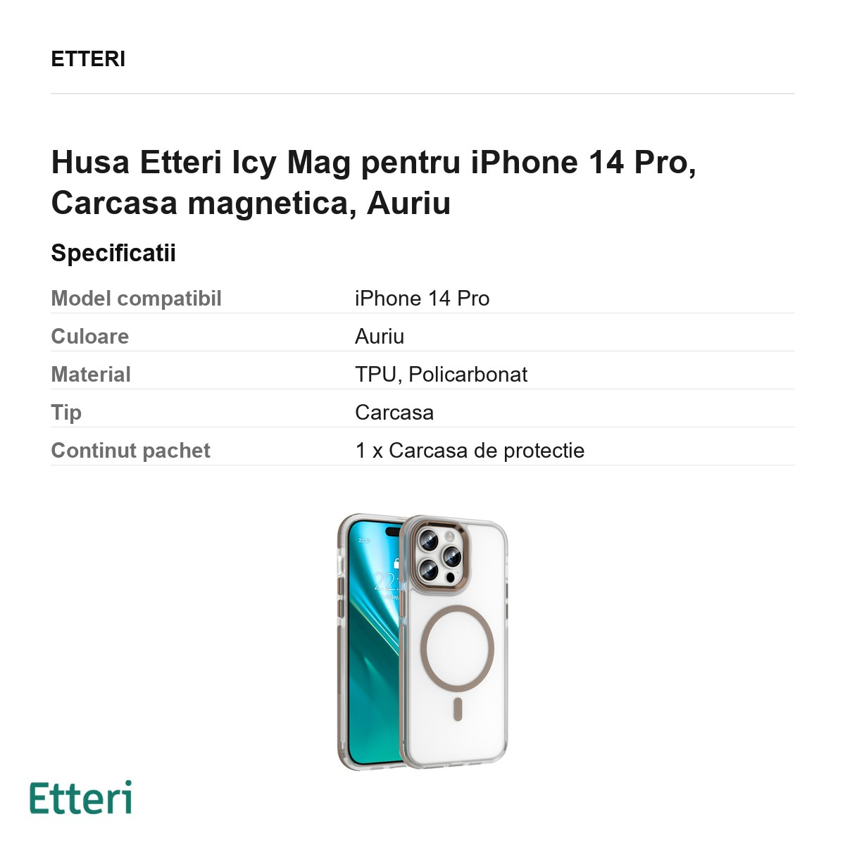 Husa Etteri Icy Mag pentru iPhone 14 Pro, Carcasa magnetica, Auriu [3]