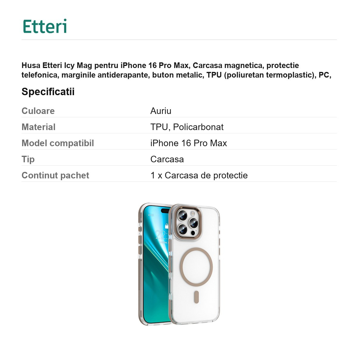 Husa Etteri Icy Mag pentru iPhone 16 Pro Max, Carcasa magnetica, protectie telefonica, marginile antiderapante, buton metalic, TPU (poliuretan termoplastic), PC, Auriu [3]