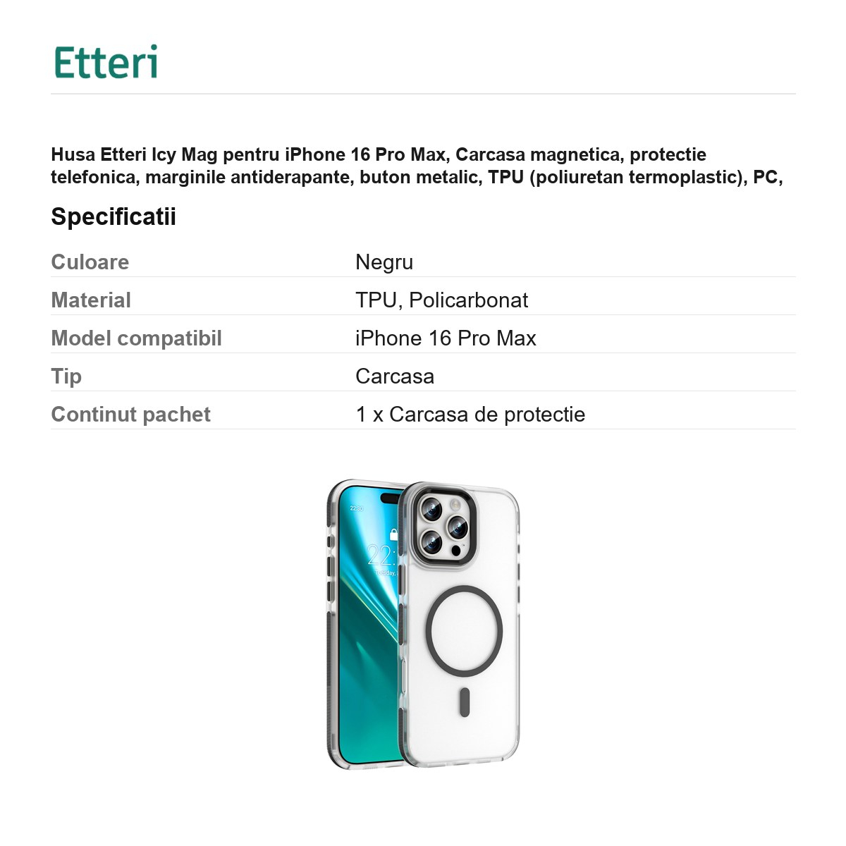 Husa Etteri Icy Mag pentru iPhone 16 Pro Max, Carcasa magnetica, protectie telefonica, marginile antiderapante, buton metalic, TPU (poliuretan termoplastic), PC, Negru [3]