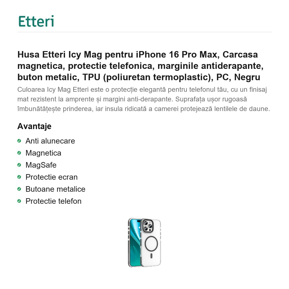 Husa Etteri Icy Mag pentru iPhone 16 Pro Max, Carcasa magnetica, protectie telefonica, marginile antiderapante, buton metalic, TPU (poliuretan termoplastic), PC, Negru [2]