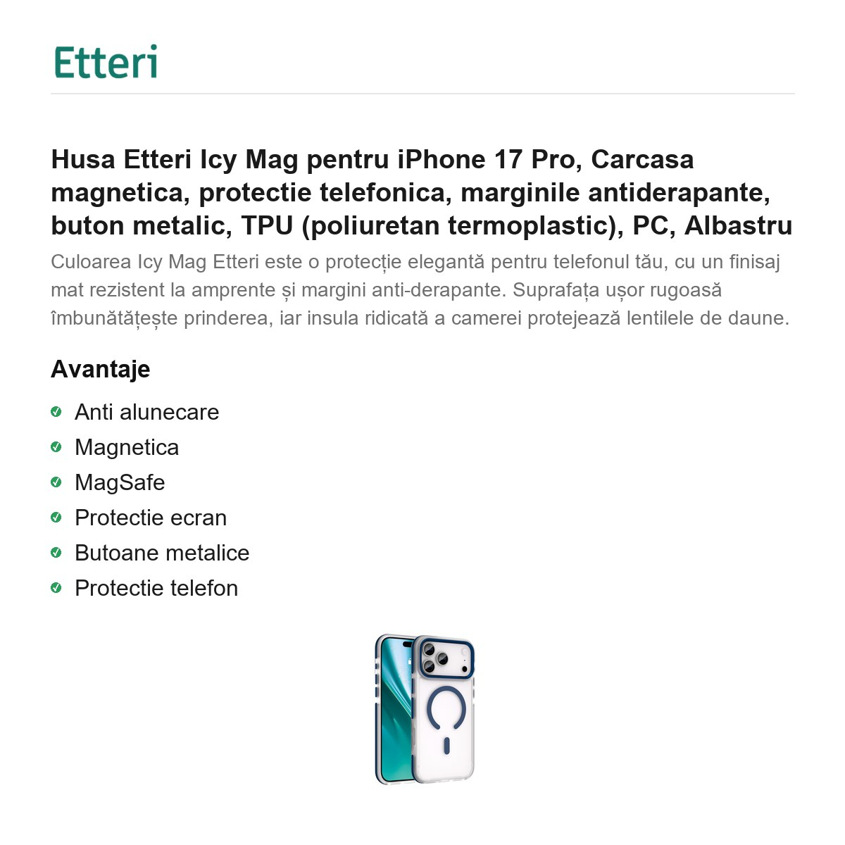 Husa Etteri Icy Mag pentru iPhone 17 Pro, Carcasa magnetica, protectie telefonica, marginile antiderapante, buton metalic, TPU (poliuretan termoplastic), PC, Albastru [2]
