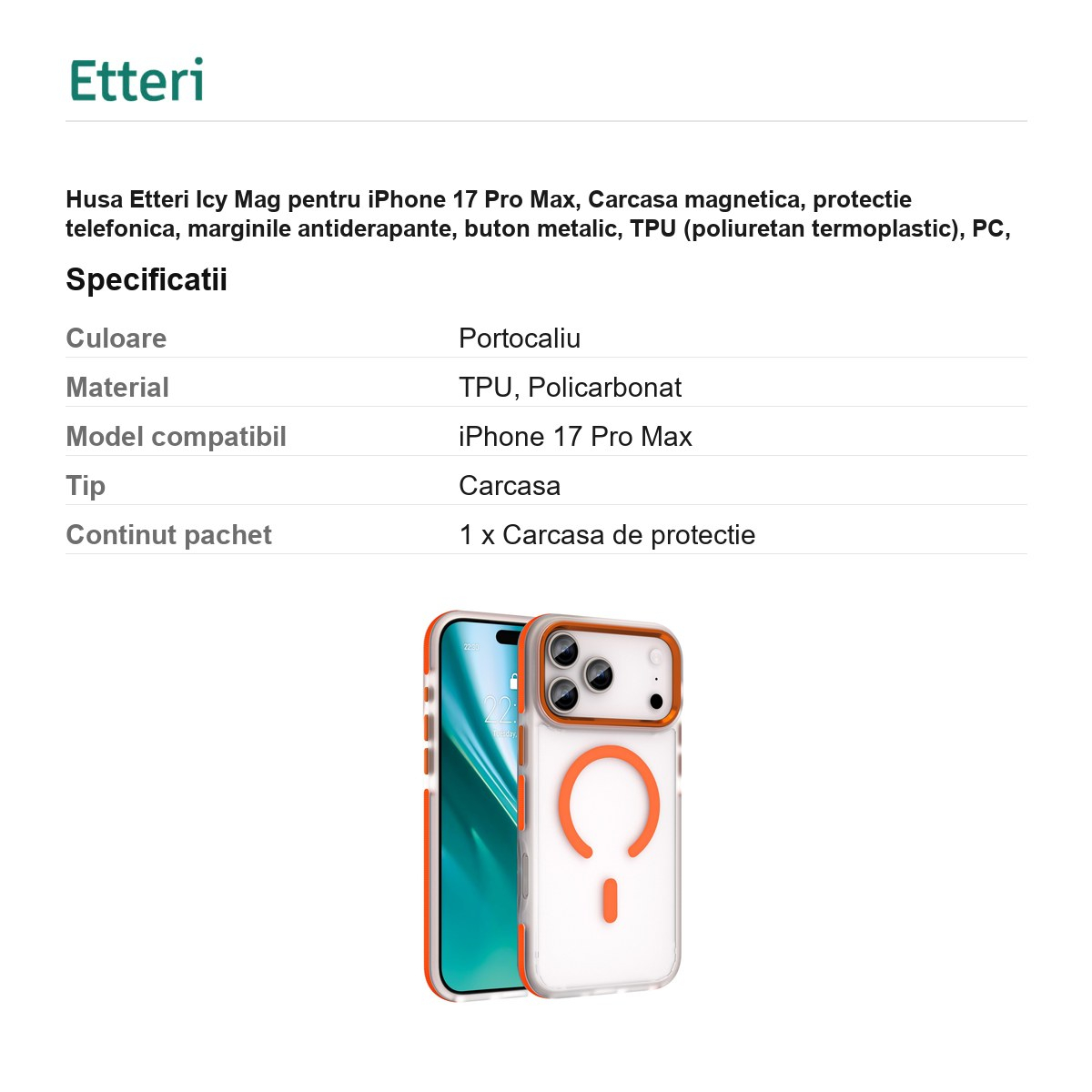 Husa Etteri Icy Mag pentru iPhone 17 Pro Max, Carcasa magnetica, protectie telefonica, marginile antiderapante, buton metalic, TPU (poliuretan termoplastic), PC, Portocaliu [3]