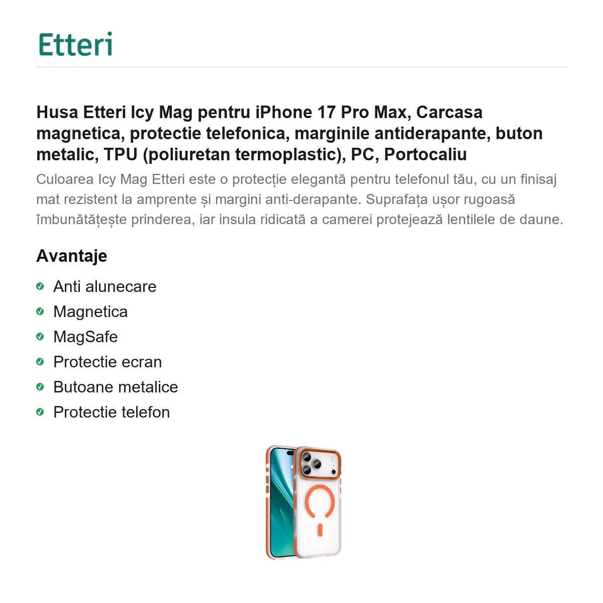 Husa Etteri Icy Mag pentru iPhone 17 Pro Max, Carcasa magnetica, protectie telefonica, marginile antiderapante, buton metalic, TPU (poliuretan termoplastic), PC, Portocaliu [2]