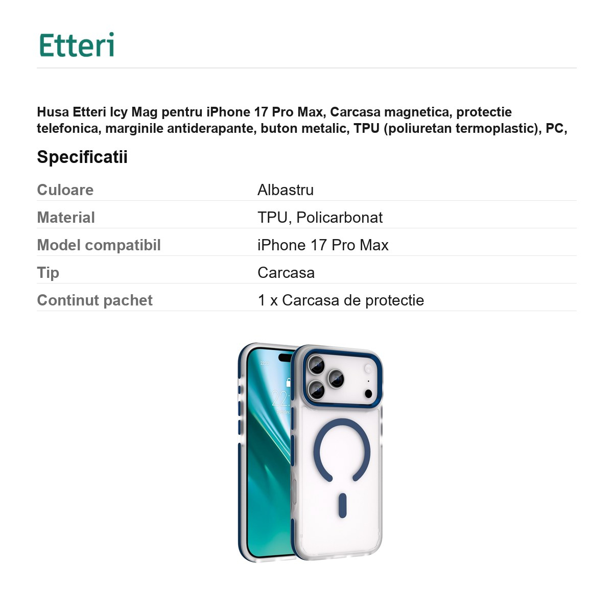 Husa Etteri Icy Mag pentru iPhone 17 Pro Max, Carcasa magnetica, protectie telefonica, marginile antiderapante, buton metalic, TPU (poliuretan termoplastic), PC, Albastru [3]