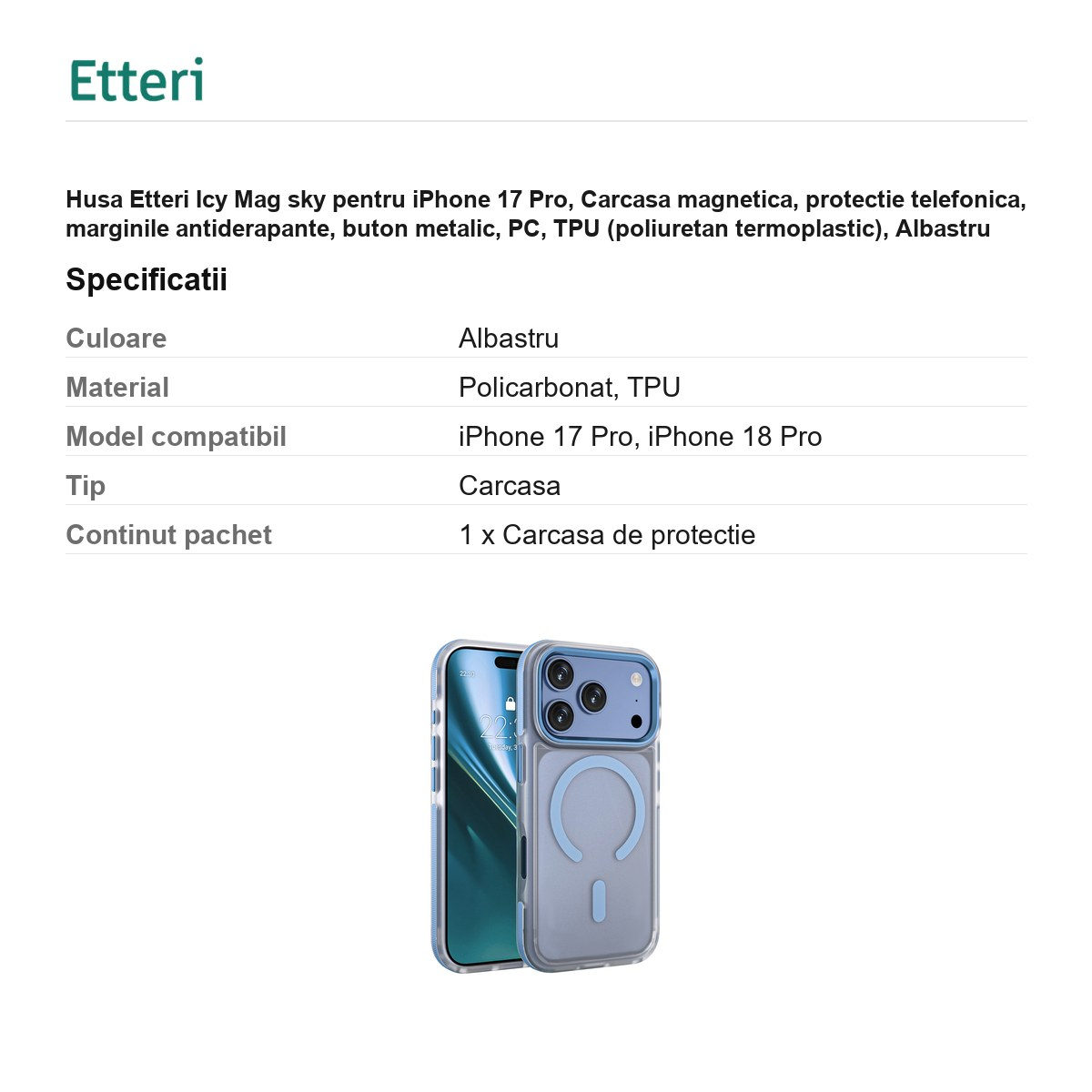 Husa Etteri Icy Mag sky pentru iPhone 17 Pro, Carcasa magnetica, protectie telefonica, marginile antiderapante, buton metalic, PC, TPU (poliuretan termoplastic), Albastru [3]
