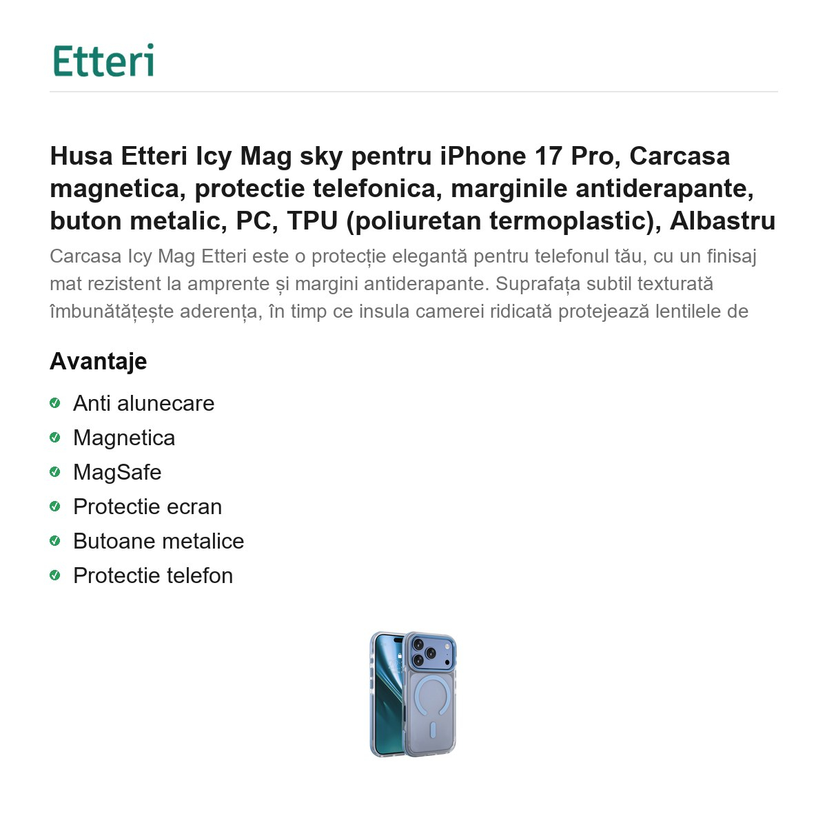 Husa Etteri Icy Mag sky pentru iPhone 17 Pro, Carcasa magnetica, protectie telefonica, marginile antiderapante, buton metalic, PC, TPU (poliuretan termoplastic), Albastru [2]