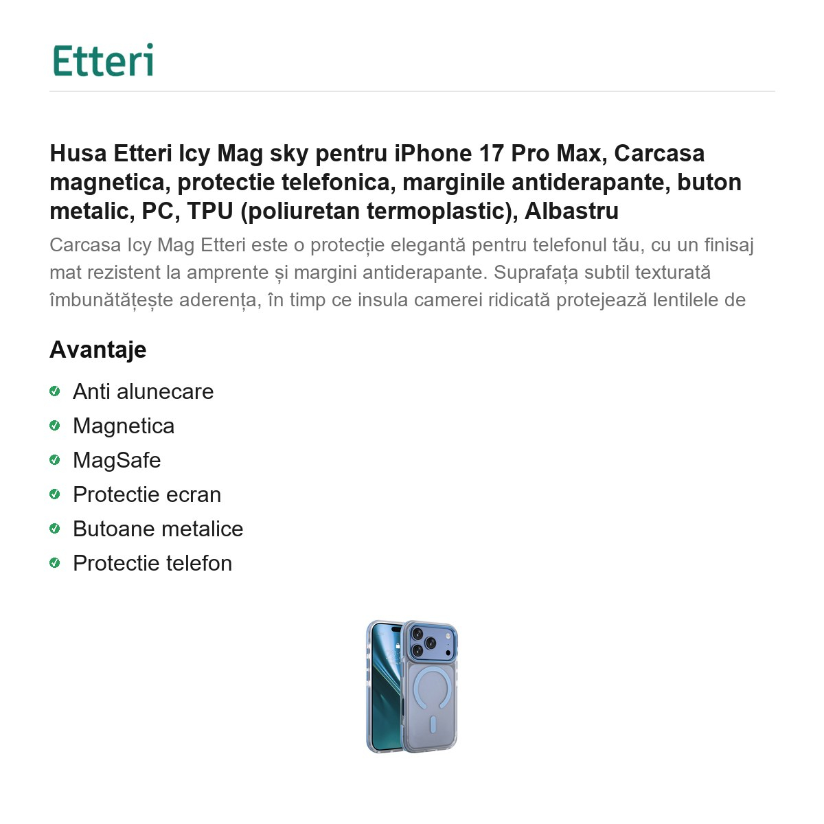 Husa Etteri Icy Mag sky pentru iPhone 17 Pro Max, Carcasa magnetica, protectie telefonica, marginile antiderapante, buton metalic, PC, TPU (poliuretan termoplastic), Albastru [2]