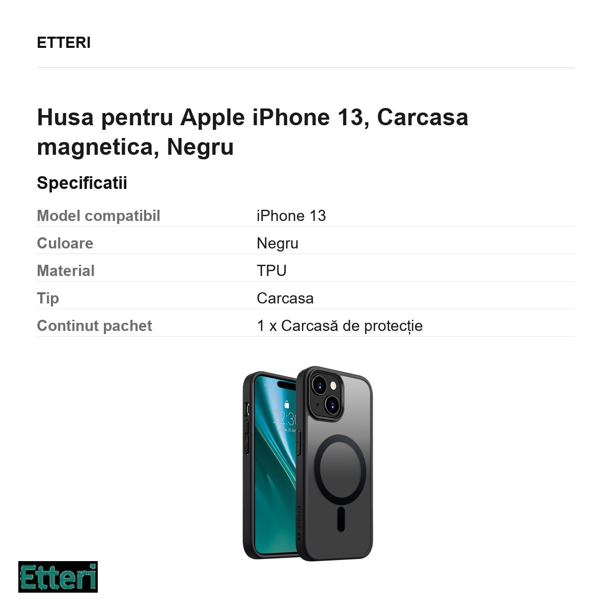 Husa Etteri Matt Mag pentru Apple iPhone 13, Carcasa magnetica, Negru [3]