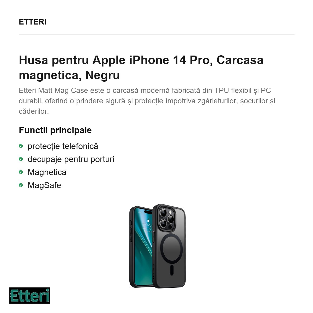 Husa Etteri Matt Mag pentru Apple iPhone 14 Pro, Carcasa magnetica, Negru [2]