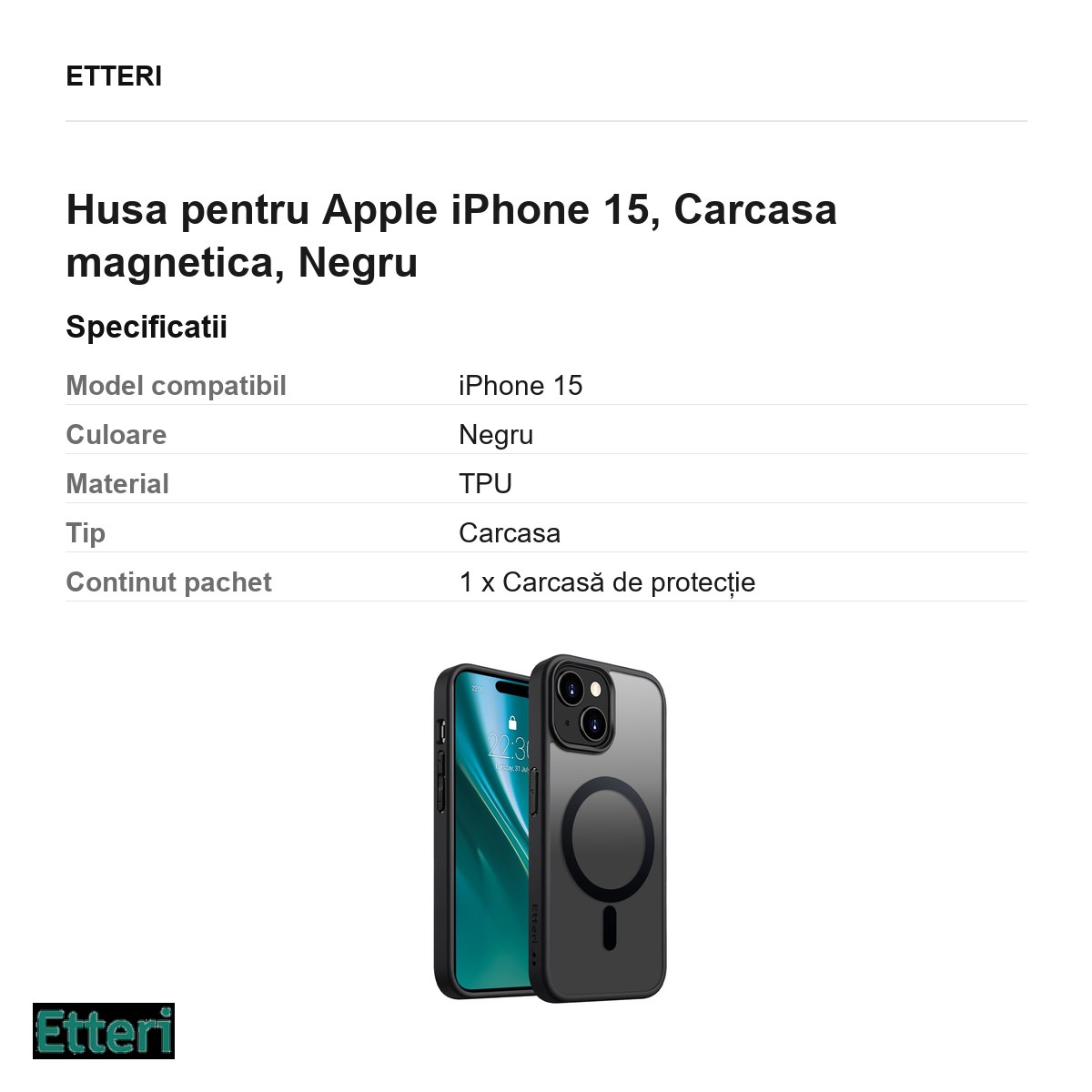 Husa Etteri Matt Mag pentru Apple iPhone 15, Carcasa magnetica, Negru [3]