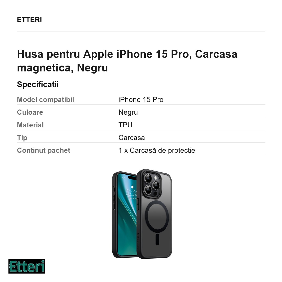 Husa Etteri Matt Mag pentru Apple iPhone 15 Pro, Carcasa magnetica, Negru [3]
