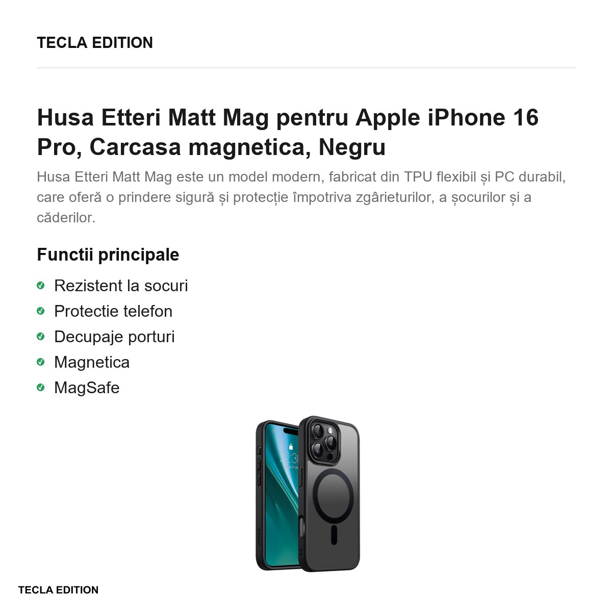 Husa Etteri Matt Mag pentru Apple iPhone 16 Pro, Carcasa magnetica, Negru [2]
