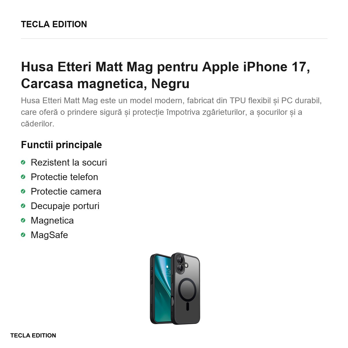 Husa Etteri Matt Mag pentru Apple iPhone 17, Carcasa magnetica, Negru [2]
