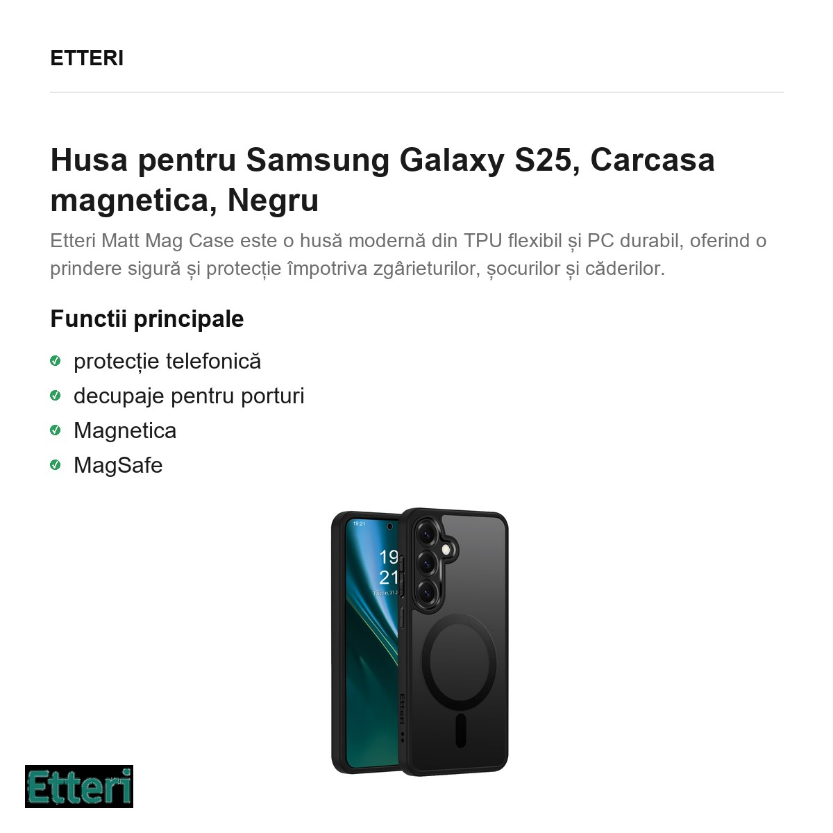 Husa Etteri Matt Mag pentru Samsung Galaxy S25, Carcasa magnetica, Negru [2]