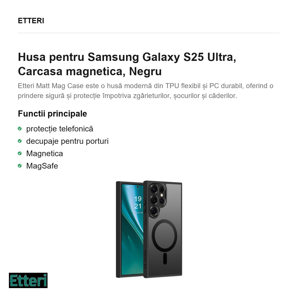 Husa Etteri Matt Mag pentru Samsung Galaxy S25 Ultra, Carcasa magnetica, Negru [2]