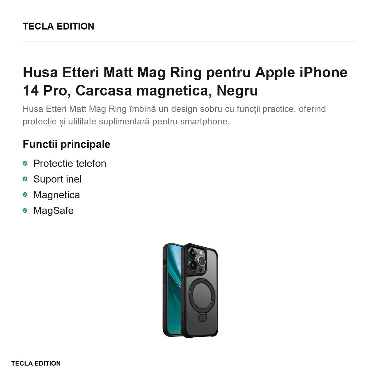 Husa Etteri Matt Mag Ring pentru Apple iPhone 14 Pro, Carcasa magnetica, Negru [2]