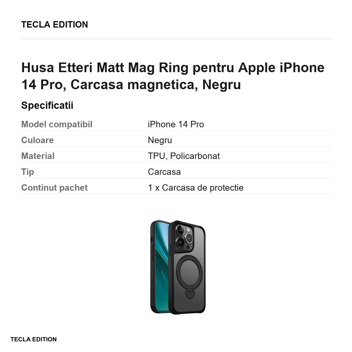 Husa Etteri Matt Mag Ring pentru Apple iPhone 14 Pro, Carcasa magnetica, Negru [3]