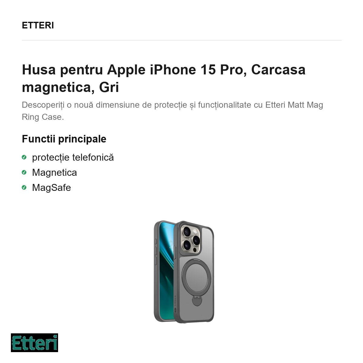 Husa Etteri Matt Mag Ring pentru Apple iPhone 15 Pro, Carcasa magnetica, Gri [2]