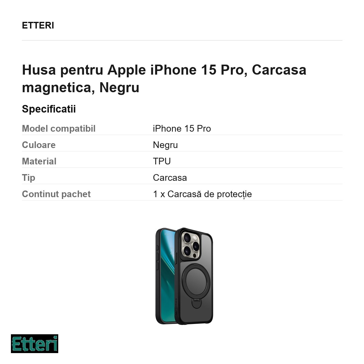 Husa Etteri Matt Mag Ring pentru Apple iPhone 15 Pro, Carcasa magnetica, Negru [3]