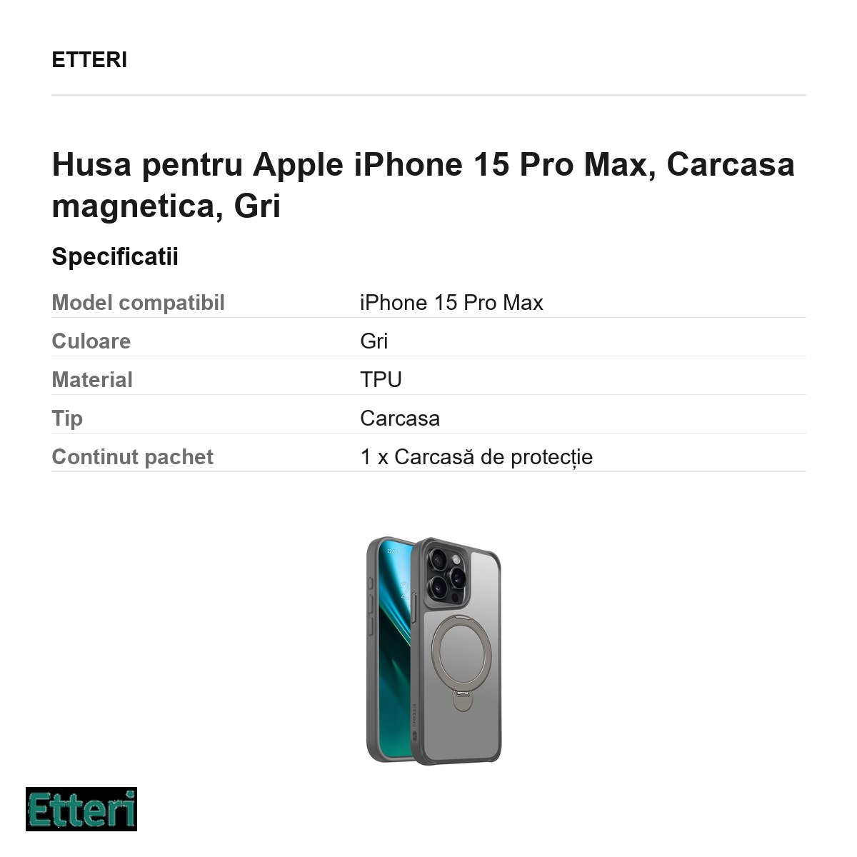 Husa Etteri Matt Mag Ring pentru Apple iPhone 15 Pro Max, Carcasa magnetica, Gri [3]