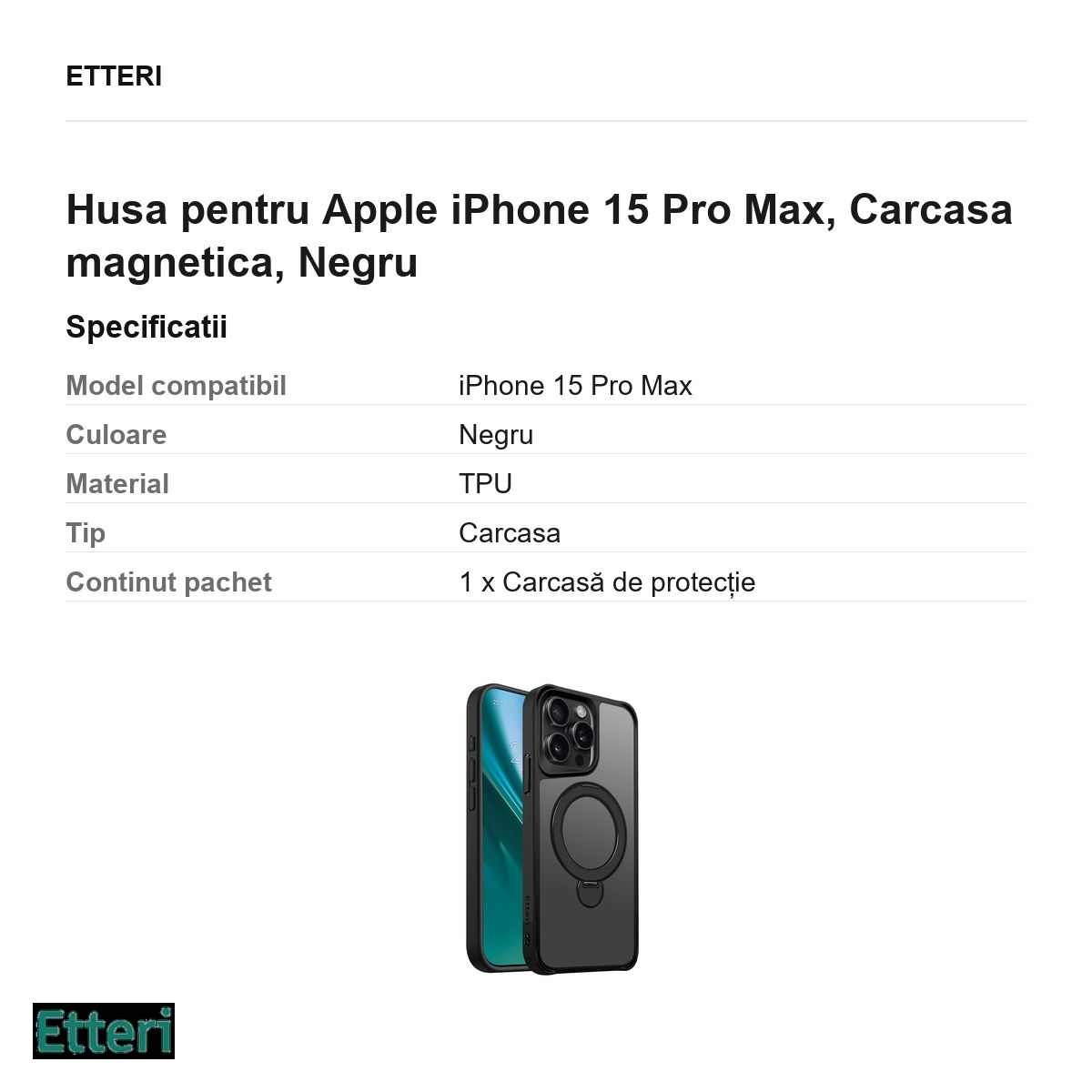 Husa Etteri Matt Mag Ring pentru Apple iPhone 15 Pro Max, Carcasa magnetica, Negru [3]