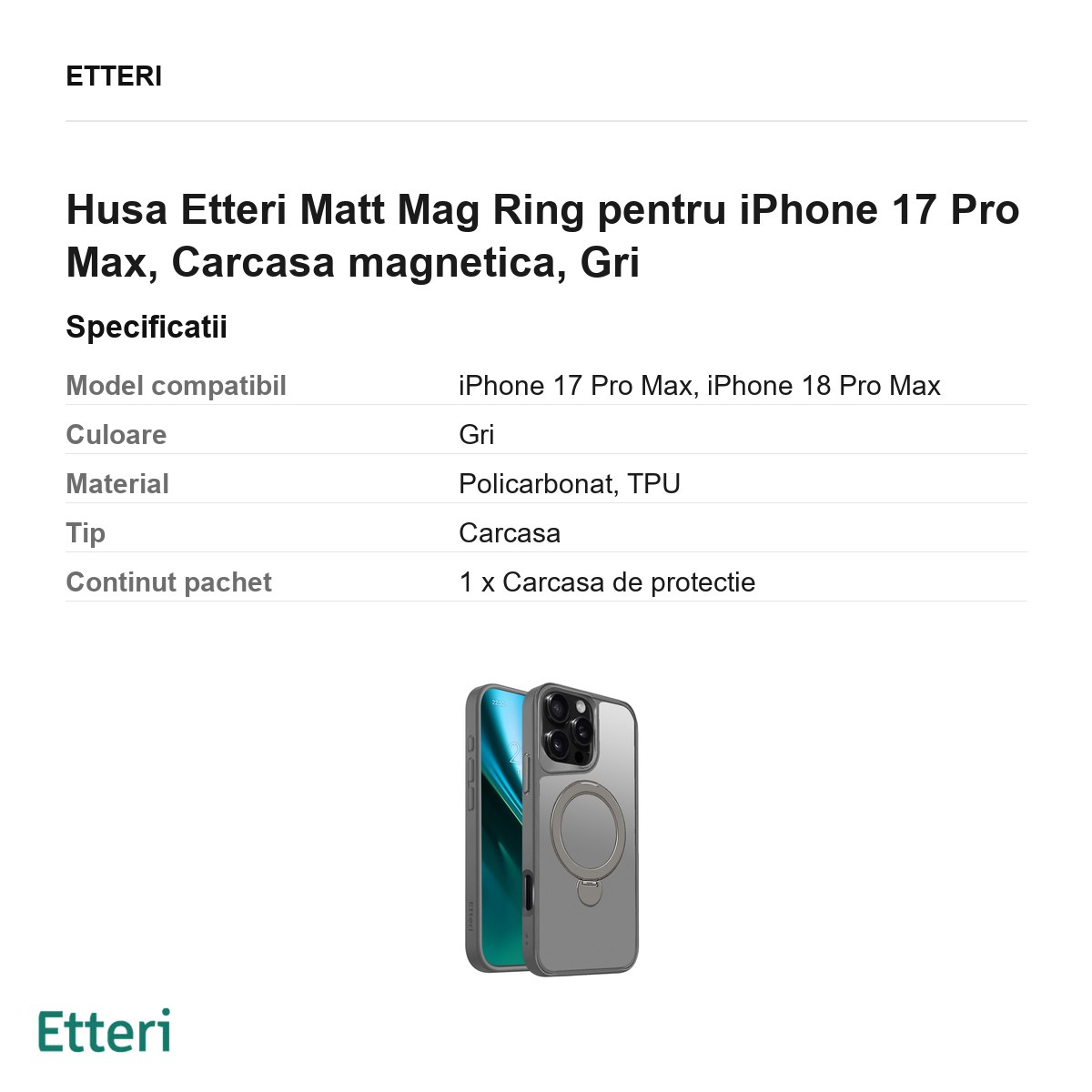 Husa Etteri Matt Mag Ring pentru iPhone 17 Pro Max, Carcasa magnetica, Gri [3]