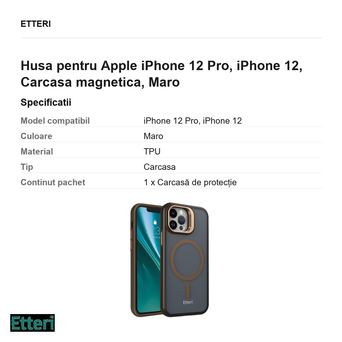 Husa Etteri Morning Fog pentru Apple iPhone 12 Pro, iPhone 12, Carcasa magnetica, Maro [3]
