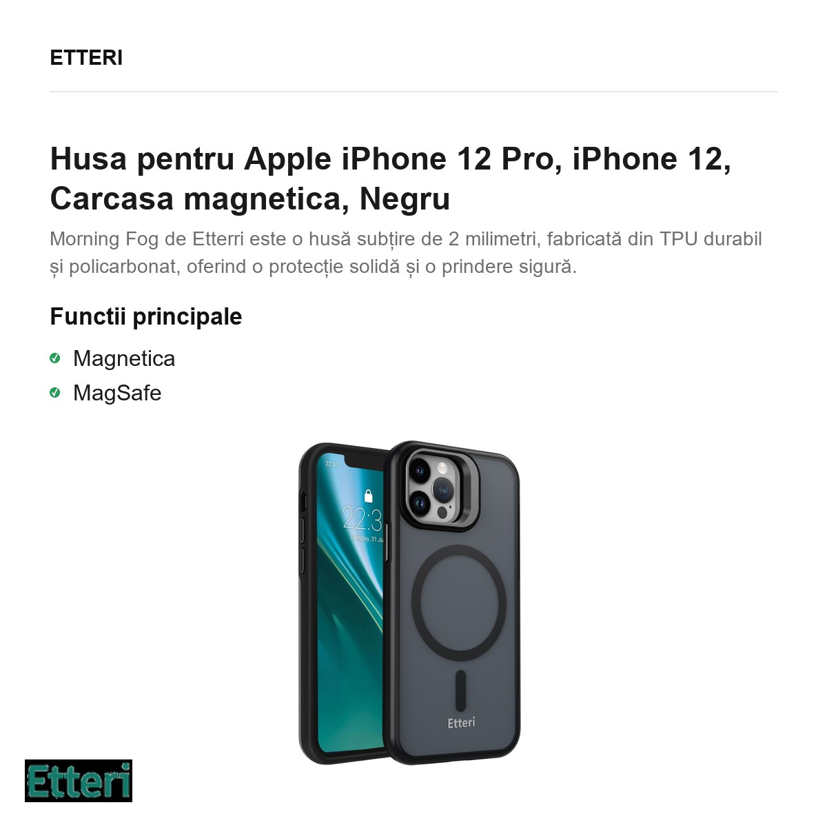 Husa Etteri Morning Fog pentru Apple iPhone 12 Pro, iPhone 12, Carcasa magnetica, Negru [2]