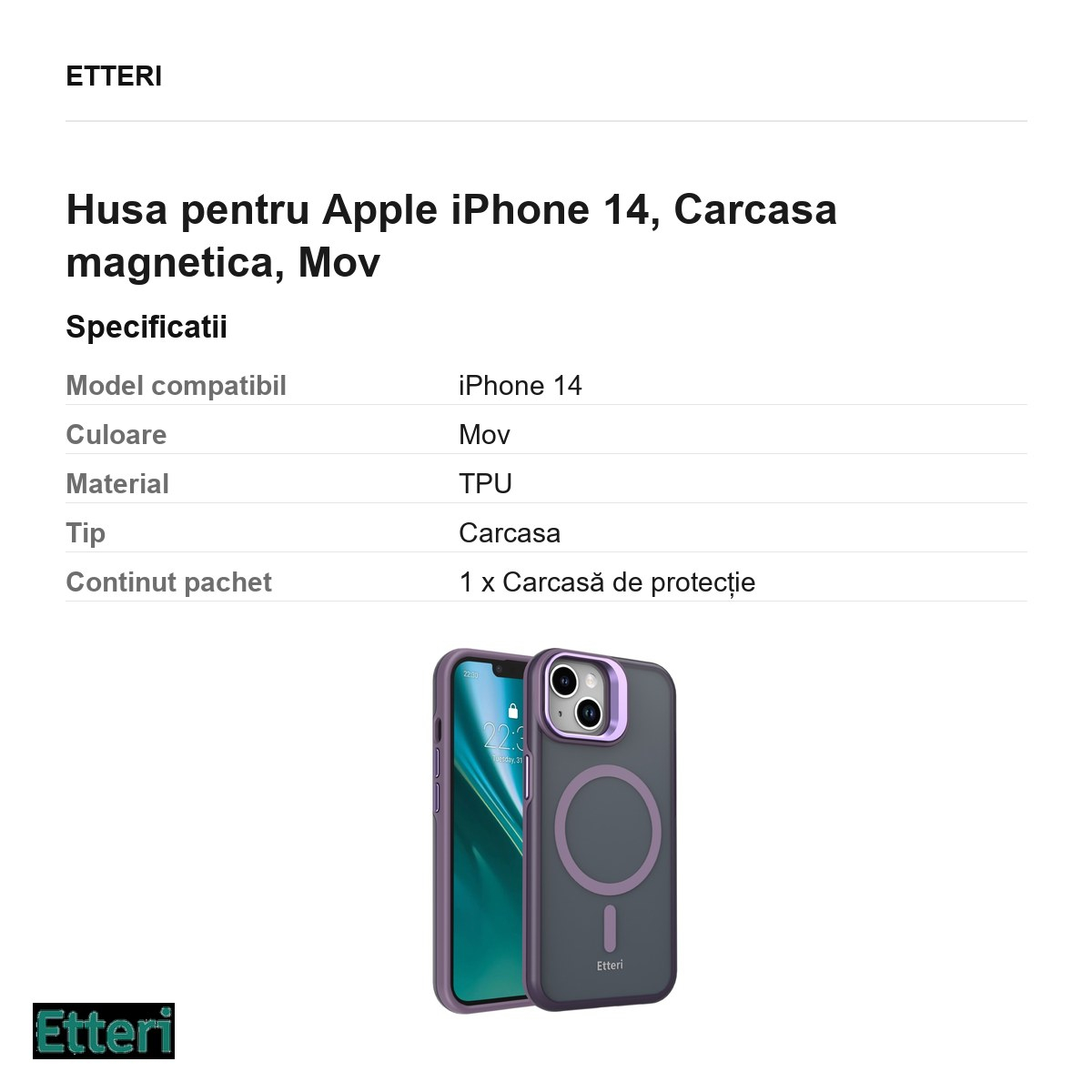 Husa Etteri Morning Fog pentru Apple iPhone 14, Carcasa magnetica, Mov [3]